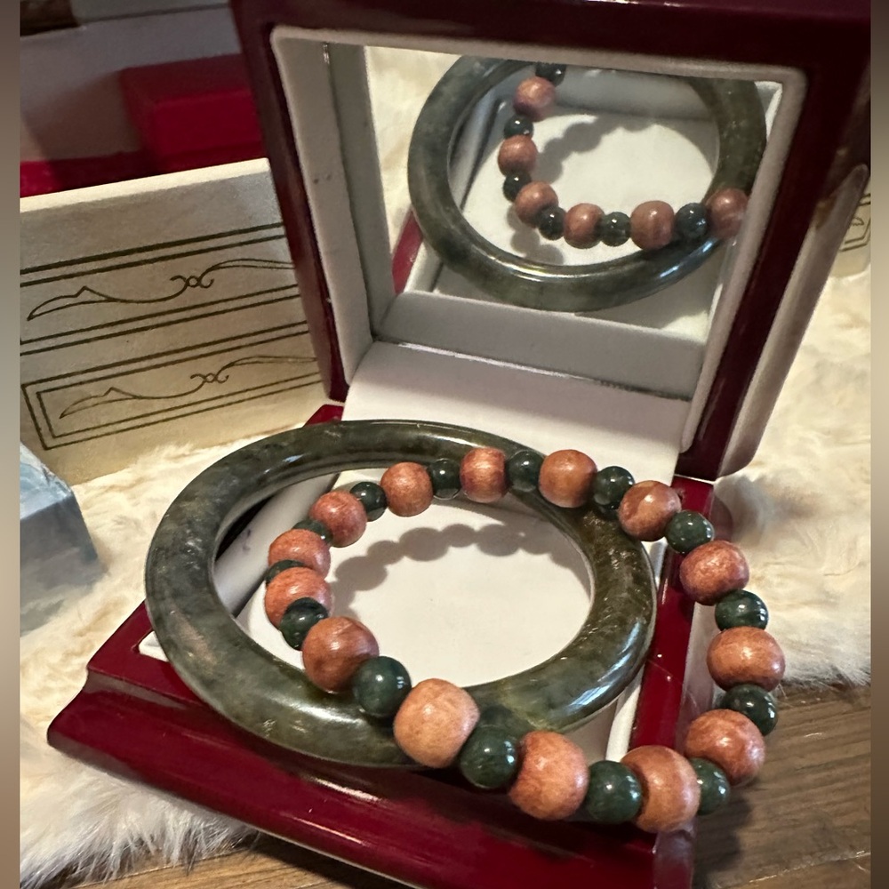 Burmese Jade and Petrified Wood Bracelet